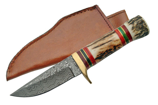 Damascus Steel Blade Hunting Knife - Stag