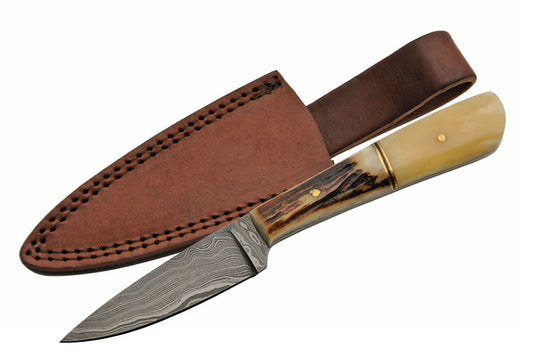 Damascus Steel Blade Hunting Knife - Stag & Bone